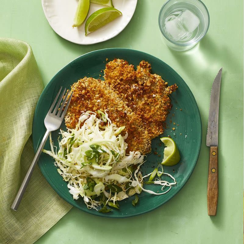 <p>The perfect meal when you need a break from cooking up chicken or beef at dinner. This crispy pork cutlet pairs perfectly with a ginger-lime cabbage salad.</p><p><em><a href="https://www.womansday.com/food-recipes/a32302977/katsu-pork-cutlet-recipe/" rel="nofollow noopener" target="_blank" data-ylk="slk:Get the Katsu Pork Cutlet recipe.;elm:context_link;itc:0;sec:content-canvas" class="link ">Get the Katsu Pork Cutlet recipe. </a></em></p>