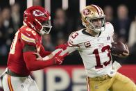 Kansas City Chiefs linebacker Willie Gay (50) stops San Francisco 49ers quarterback Brock Purdy (13) during the second half of the NFL Super Bowl 58 football game Sunday, Feb. 11, 2024, in Las Vegas. (AP Photo/John Locher)