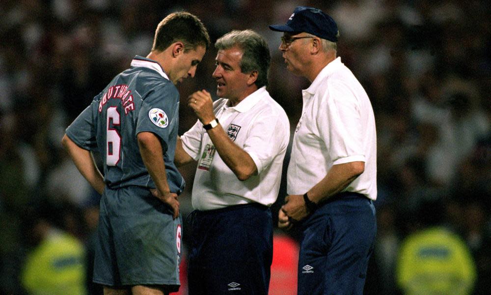 Terry Venables and his assistant Don Howe console Gareth Southgate after his penalty miss in England’s semi-final defeat to Germany at Euro 96.