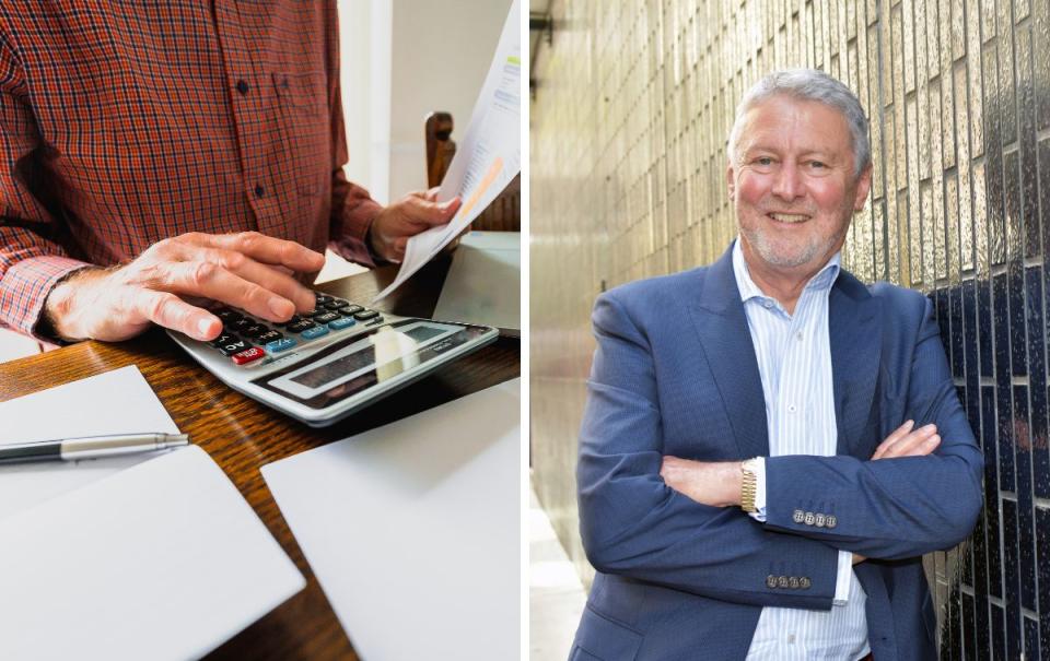 Composite image of a man's hand holding a bill and using a calculator, and Canstar finance and mortgage expert Steve Mickenbecker.