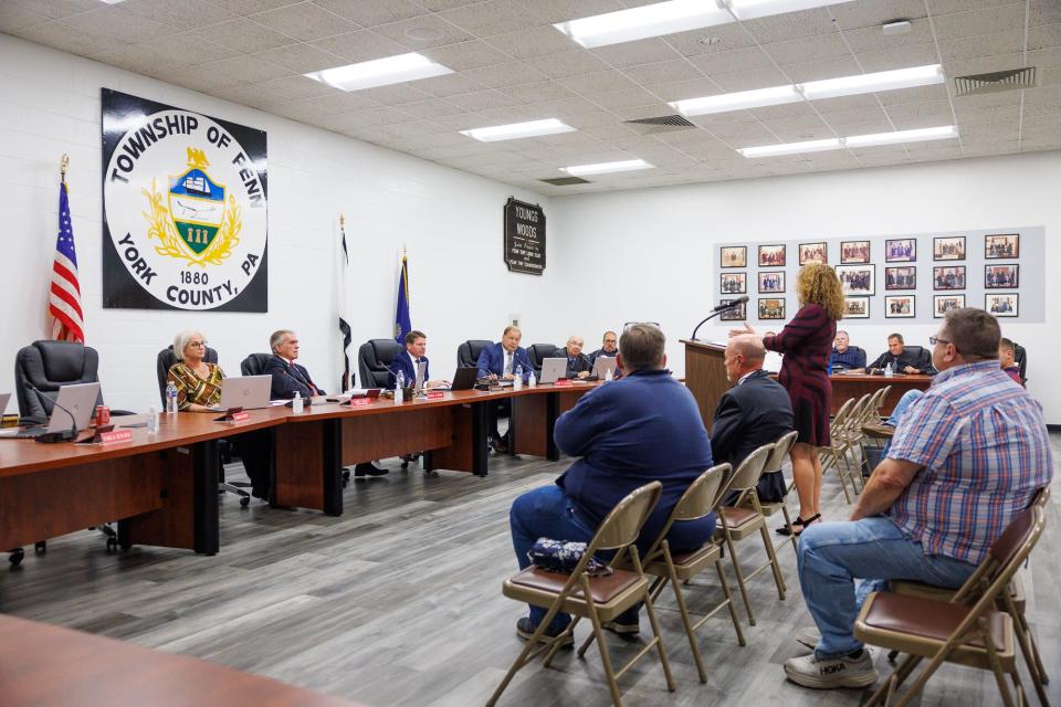 The Penn Township Board of Commissioners listen to arguments in favor of supporting an economic development liquor license, Monday, Oct. 16, 2023, in Penn Township.