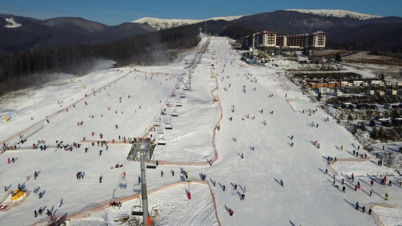 An aerial view shows the ski resort Bukovel in Ivano-Frankivsk Region