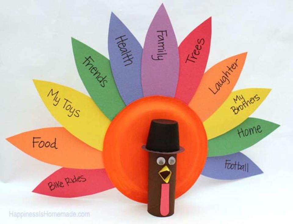 <p>Happiness is Homemade</p><p>Find out what everyone is thankful for this holiday with this adorable activity by <a href="https://www.happinessishomemade.net/thanksgiving-kids-craft-gratitude-turkeys/" rel="nofollow noopener" target="_blank" data-ylk="slk:Happiness is Homemade;elm:context_link;itc:0;sec:content-canvas" class="link "><em>Happiness is Homemade</em></a><em>.</em> It’ll be a sweet reminder of why this day is so special.</p>