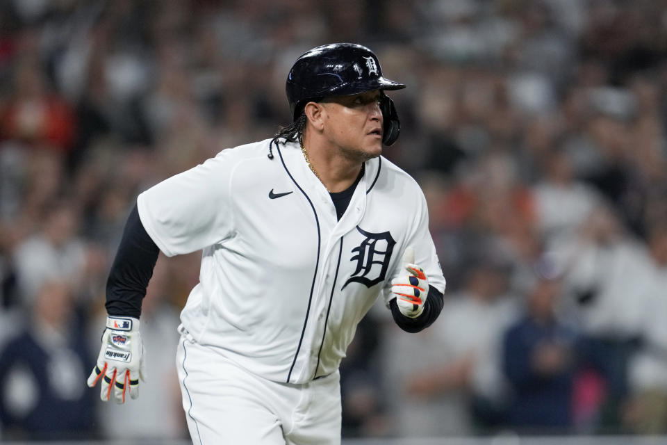 Detroit Tigers' Miguel Cabrera runs out a double against the Cleveland Guardians in the fifth inning of a baseball game, Friday, Sept. 29, 2023, in Detroit. (AP Photo/Paul Sancya)