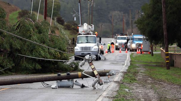 PHOTO: A utility pole rests on Nicasio Valley Road after being toppled by high winds, Jan. 05, 2023 in Nicasio, California. (Justin Sullivan/Getty Images)