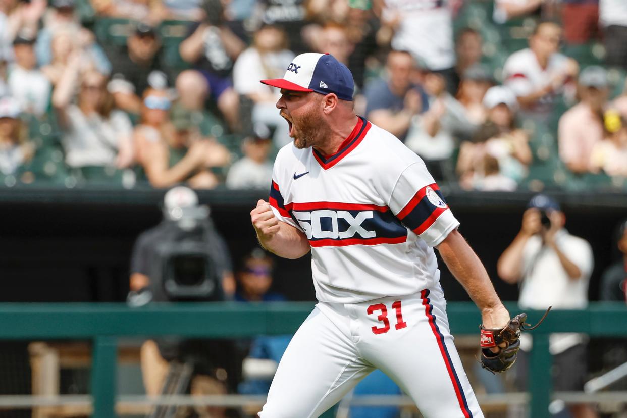 Jun 4, 2023; Chicago, Illinois, USA; Chicago White Sox relief pitcher Liam Hendriks (31) reacts after striking out Detroit Tigers third baseman Tyler Nevin (18) during the ninth inning at Guaranteed Rate Field. Mandatory Credit: Kamil Krzaczynski-USA TODAY Sports