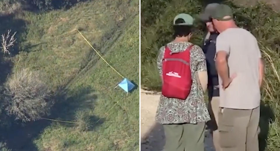 Brian Laundrie's parents talk to police during the search. A police tent and crime scene tape cordon off an area.