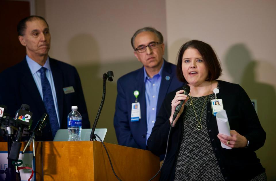 Stephanie Stovall of LeeHealth speaks about the hospital system’s preparedness for COVID-19 in a press conference on Saturday, March 7, 2020.