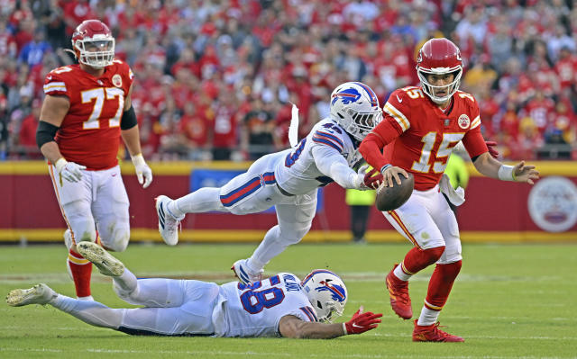 FILE - Buffalo Bills linebacker Von Miller plays during the second half of  an NFL football game against the Cleveland Browns, Sunday, Nov. 20, 2022,  in Detroit. Edge rusher Miller, still recovering