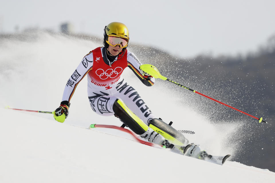 Lena Duerr, of Germany competes in the first run of the women's slalom at the 2022 Winter Olympics, Wednesday, Feb. 9, 2022, in the Yanqing district of Beijing.(AP Photo/Alessandro Trovati)