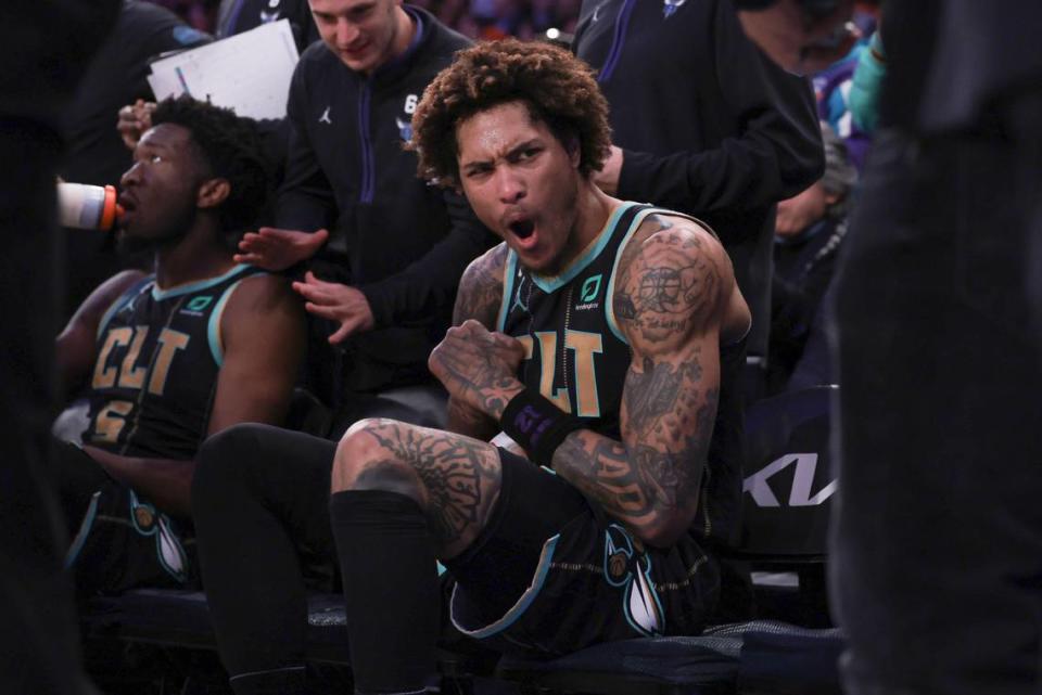Charlotte Hornets guard Kelly Oubre Jr. (12) reacts during a timeout in the second half against the New York Knicks at Madison Square Garden on March 7, 2023.