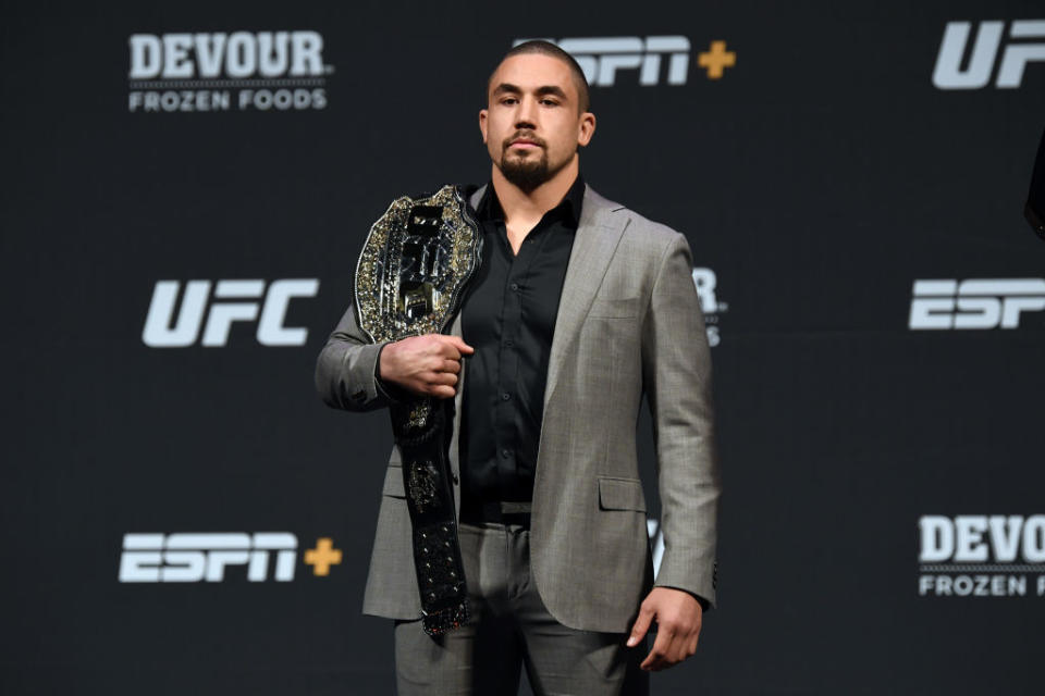 LAS VEGAS, NEVADA - JULY 05:  UFC middleweight champion Robert Whittaker of Australia poses for the media during the UFC seasonal press conference at T-Mobile Arena on July 5, 2019 in Las Vegas, Nevada. (Photo by Josh Hedges/Zuffa LLC/Zuffa LLC via Getty Images)