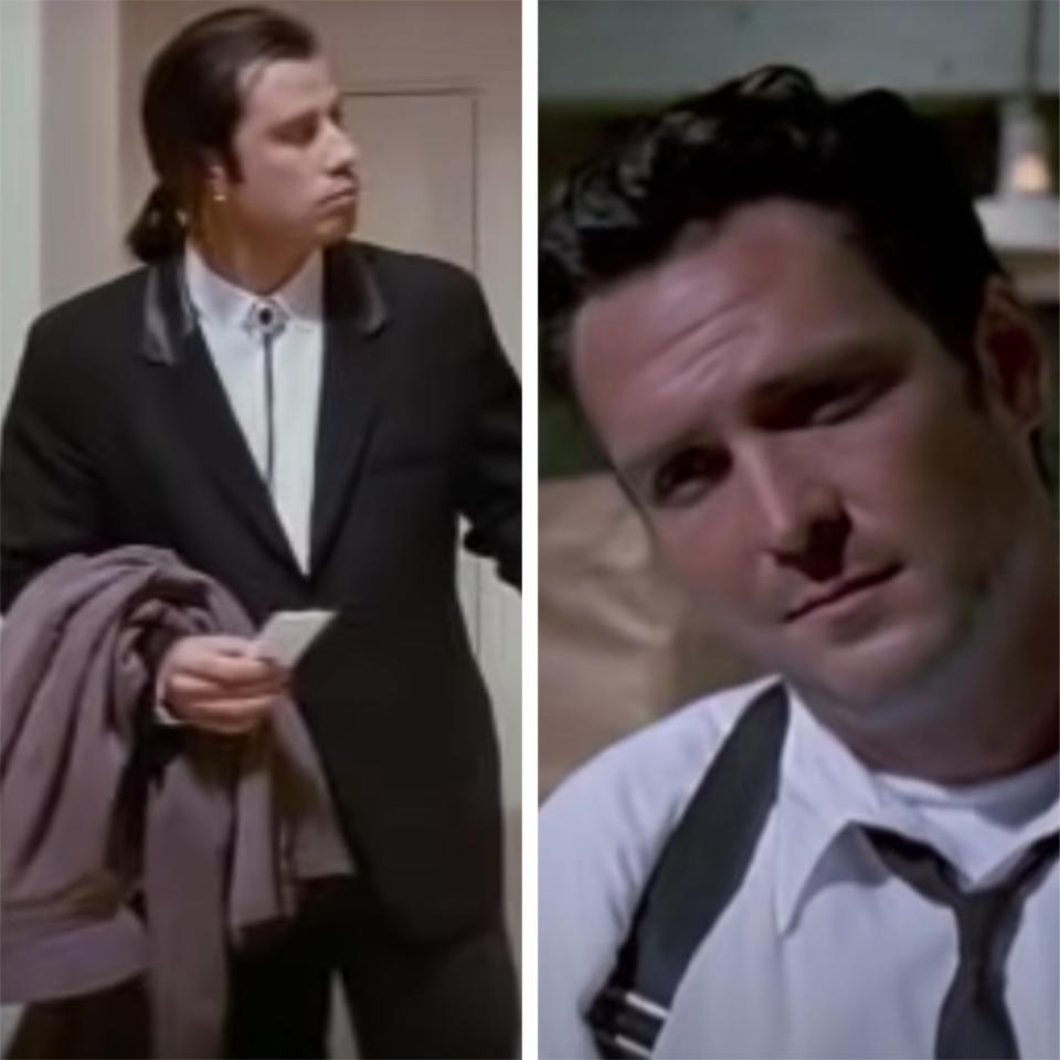 John Travolta as Vincent Vega, and Michael Madsen in Reservoir Dogs