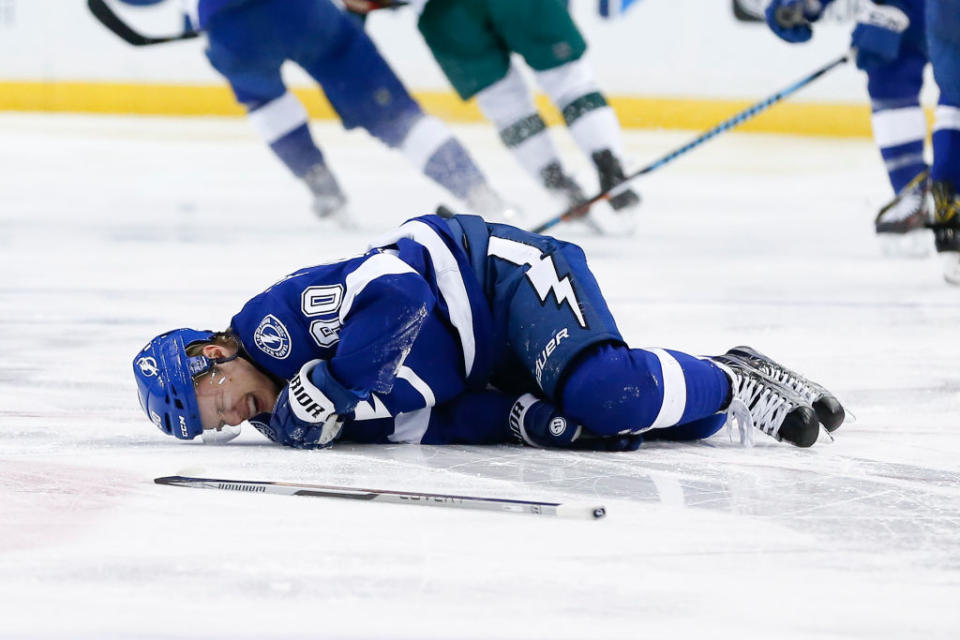 TAMPA, FL – MARCH 9: Vladislav Namestnikov #90 of the Tampa Bay Lightning screams in pain after being injured against the Minnesota Wild during the second period at Amalie Arena on March 9, 2017 in Tampa, Florida. (Photo by Mark LoMoglio/NHLI via Getty Images)