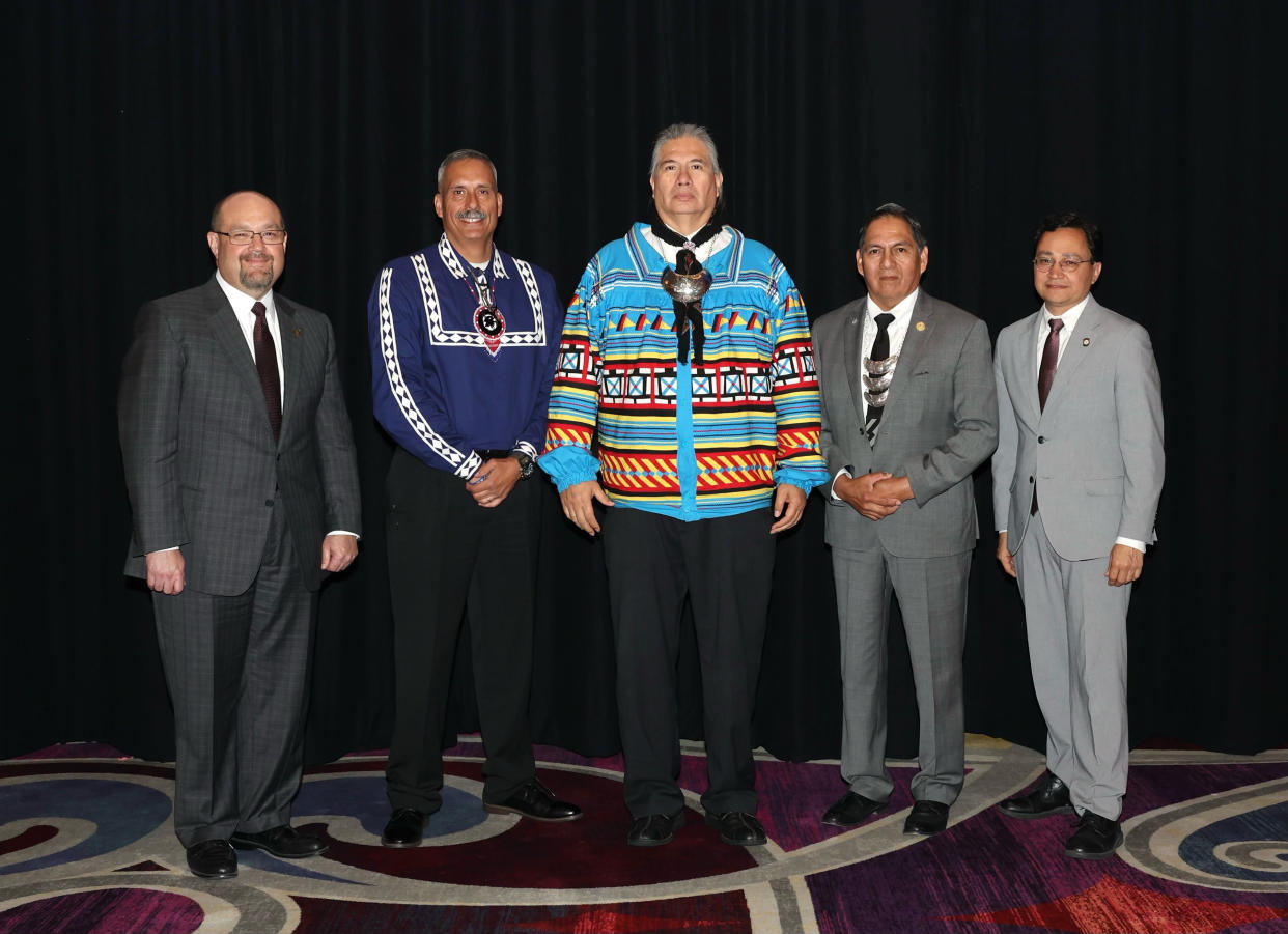 From left, Chickasaw Nation Lt. Governor Chris Anoatubby, Choctaw Nation Assistant Chief Jack Austin Jr., Seminole Nation of Oklahoma Chief Lewis Johnson, Muscogee Nation Principal Chief David Hill and Cherokee Nation Principal Chief Chuck Hoskin Jr., at the April 19 quarterly meeting of the Inter-Tribal Council (ITC) of the Five Civilized Tribes, hosted at the WinStar World Casino and Resort Convention Center.(Photo/Chickasaw Nation Media)