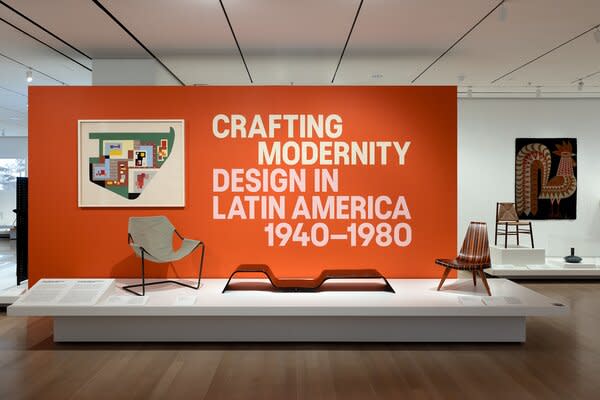A drawing by Roberto Burle Marx and chairs by Paulo Mendes da Rocha, Oscar Niemeyer, and Joaquim Tenreiro open the show  