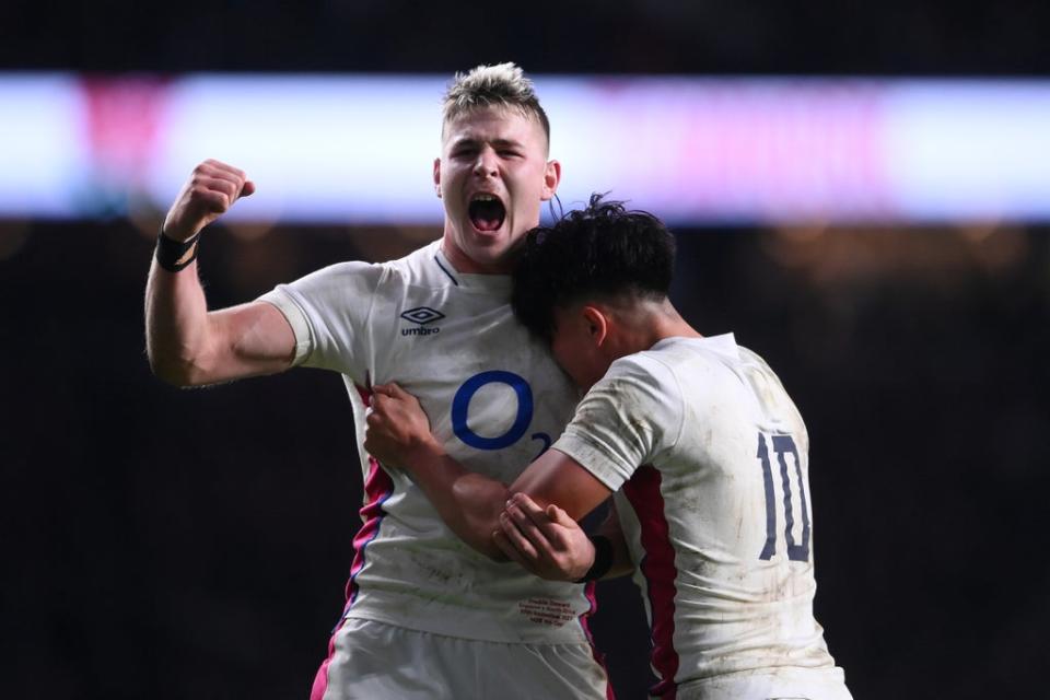 Freddie Steward and Marcus Smith celebrate after England’s remarkable win over South Africa  (Getty Images)