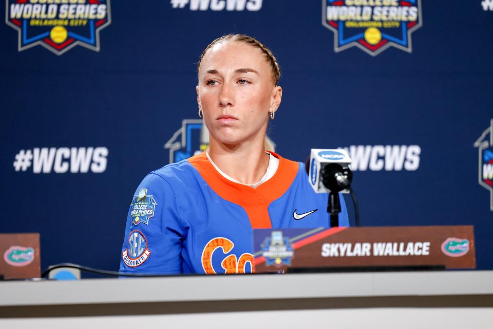 Florida’s Skylar Wallace speaks to the press during the practice and media day for the Women's College World Series at Devon Park in Oklahoma City, on Wednesday, May 29, 2024.