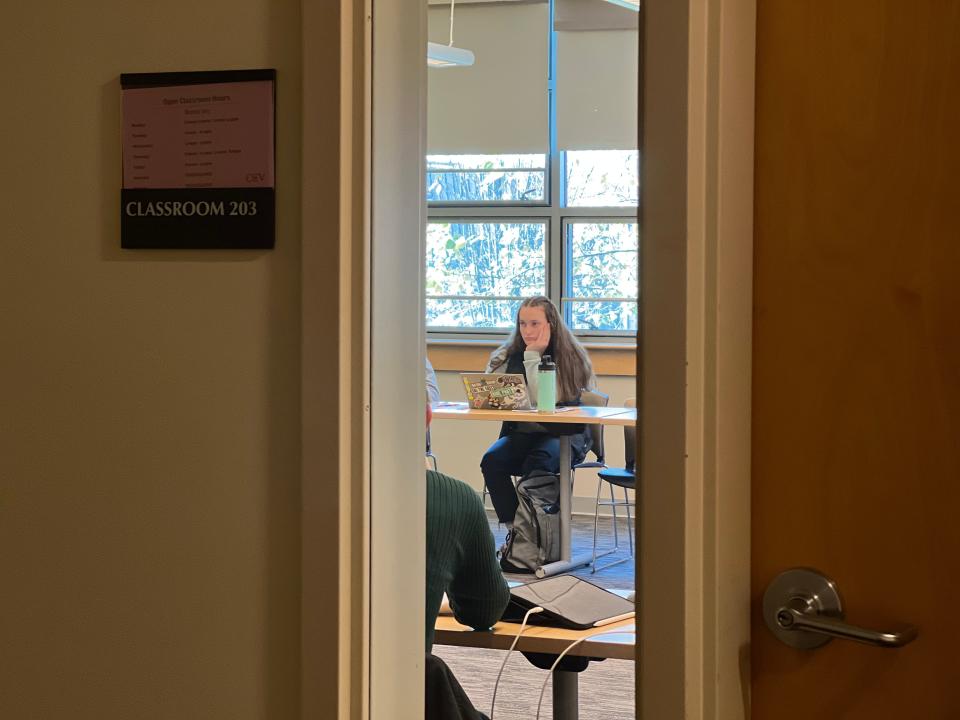 Aunika Higbee, 17 of Colchester, can be seen in her two hour and 45 minute weekly college class Dimensions of Self and Society, at CCV Winooski on Nov. 2, 2023. The high school senior is in the Early College program and it turned out about five others in her class, like her, were also completing their last year of high school and first year of college at the same time.