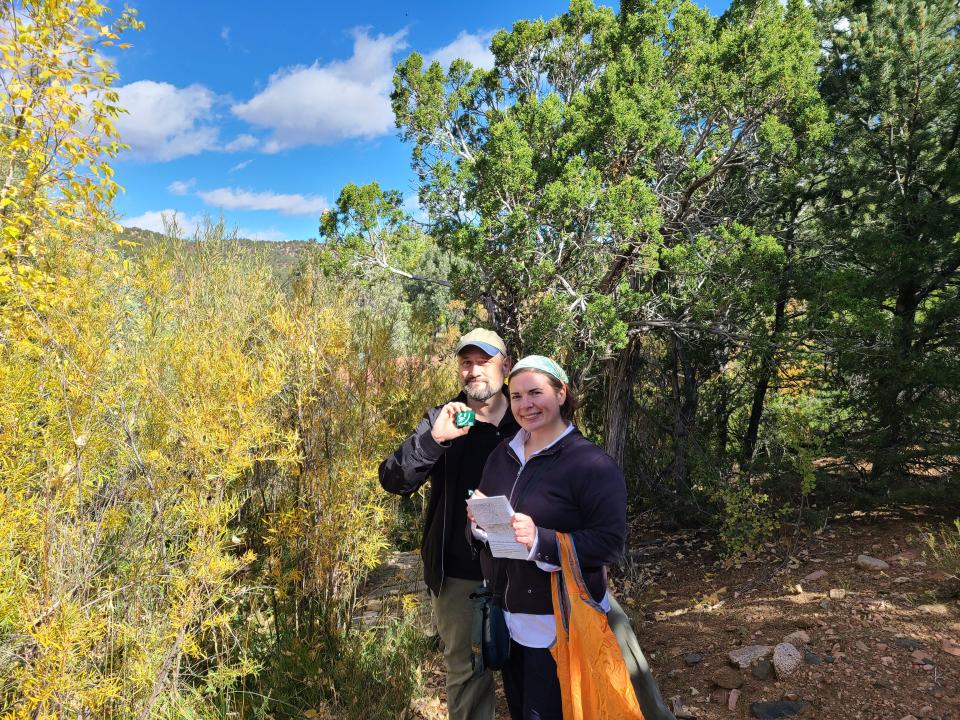 Eclipse Soundscapes co-leads Henry “Trae” Winter and MaryKay Severino prepare equipment ahead of the October 14, 2023 annular eclipse. They're working with NASA and other organizations to help citizen scientists record sounds during the April 8 total solar eclipse.