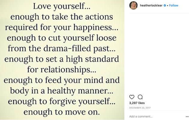 This post from two months ago shows she was trying to steer clear of more 'drama.' Source: Instagram/HeatherLocklear