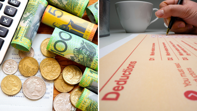 A composite image of Australian currency on a table with a receipt and calculator and a person filling out a tax deductions form.