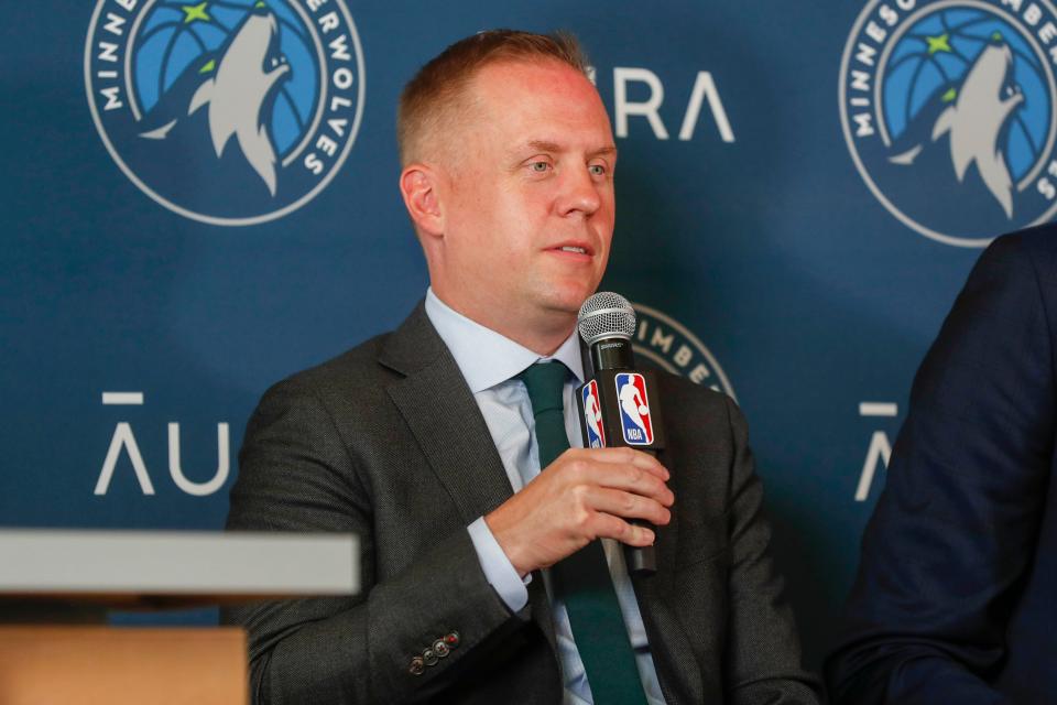 Minnesota Timberwolves president of basketball operations Tim Connelly answers questions at a press conference to introduce the 2022 draft picks at Target Center on June 28, 2022, in Minneapolis, Minnesota.
