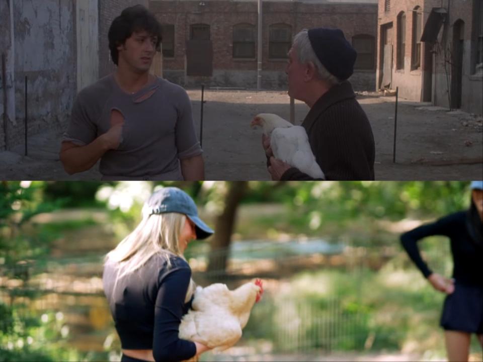 (top) Sylvester Stallone and Burgess Meredith as Rocky and Mickey in "Rocky II." (bottom) Sophia Stallone with a chicken in "The Family Stallone."