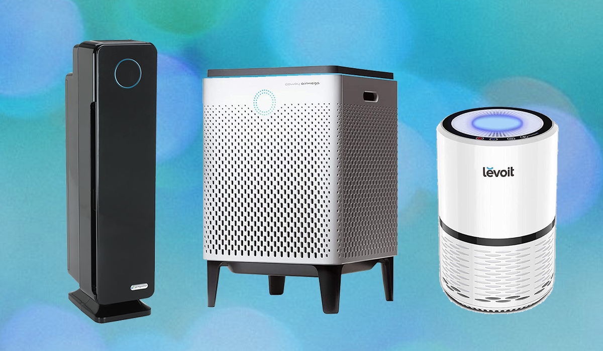 Three Prime Day air purifiers on blue background