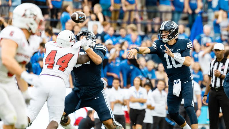 Brigham Young Cougars quarterback Kedon Slovis (10) throws the ball during the game against the Southern Utah Thunderbirds at LaVell Edwards Stadium in Provo on Saturday, Sept. 9, 2023.