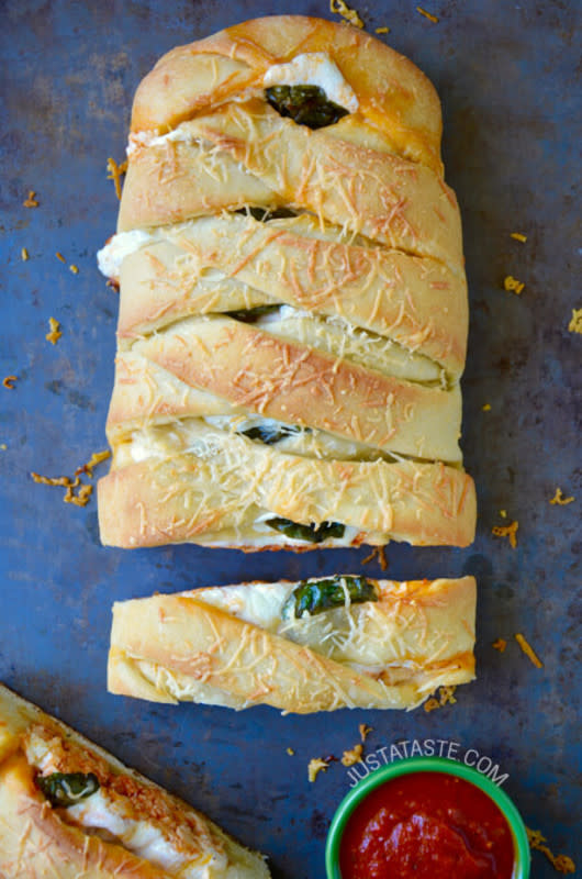 <p>This simple stromboli can be whipped up in a flash. Get the recipe <a href="http://www.justataste.com/easy-cheesy-chicken-stromboli-recipe/" rel="nofollow noopener" target="_blank" data-ylk="slk:HERE;elm:context_link;itc:0;sec:content-canvas" class="link "><strong>HERE</strong></a>.</p>