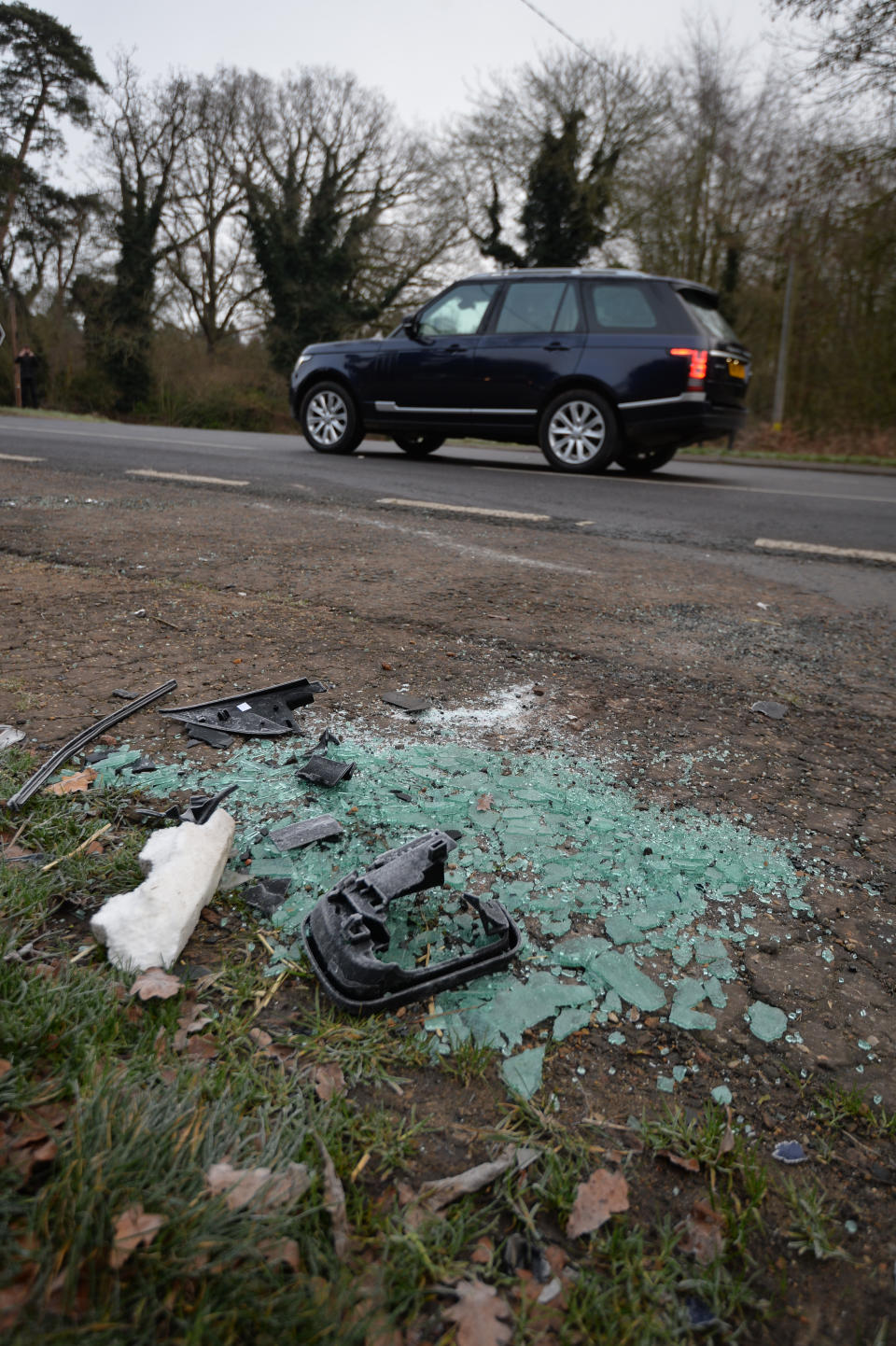 Broken glass and car parts on the side of the A149 near to the Sandringham Estate where the Duke of Edinburgh was involved in a road accident yesterday while driving.