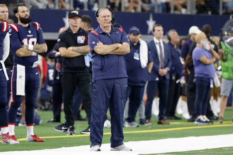 New England Patriots head coach Bill Belichick watches play against the Dallas Cowboys in the second half of an NFL football game in Arlington, Texas, Sunday, Oct. 1, 2023. (AP Photo/Michael Ainsworth)