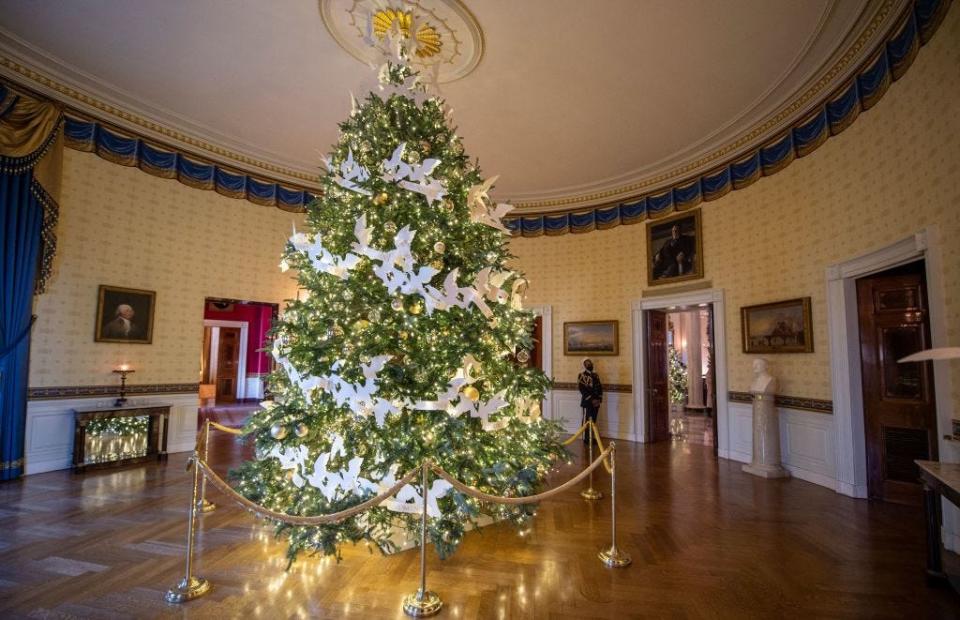 The Blue Room in the White House decorated for Christmas in 2021.