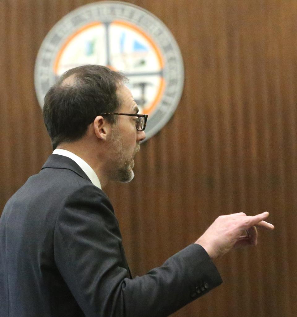 New Hampshire Senior Assistant Attorney General Peter Hinckley speaks to the jury during his closing argument in the double murder trial of Timothy Verrill at Strafford County Superior Court in Dover Wednesday, April 3, 2024.