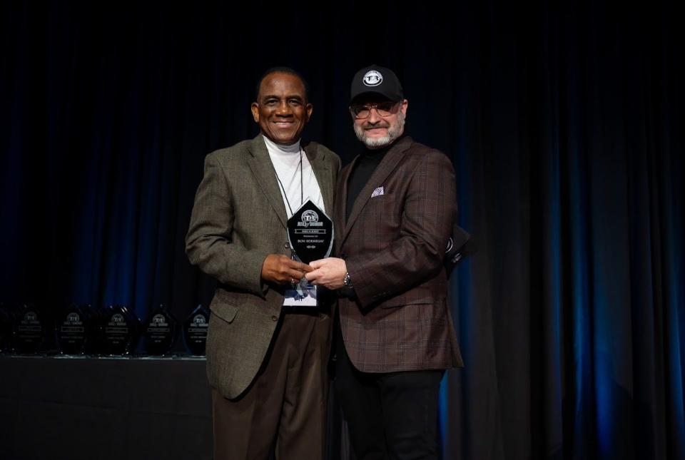 Former Monmouth men's basketball star Ron Kornegay (left), with Fred Hill Jr., is honored at the inaugural "The Basketball Reunion" at the Prudential Center in Newark on Monday, April 4, 2022.