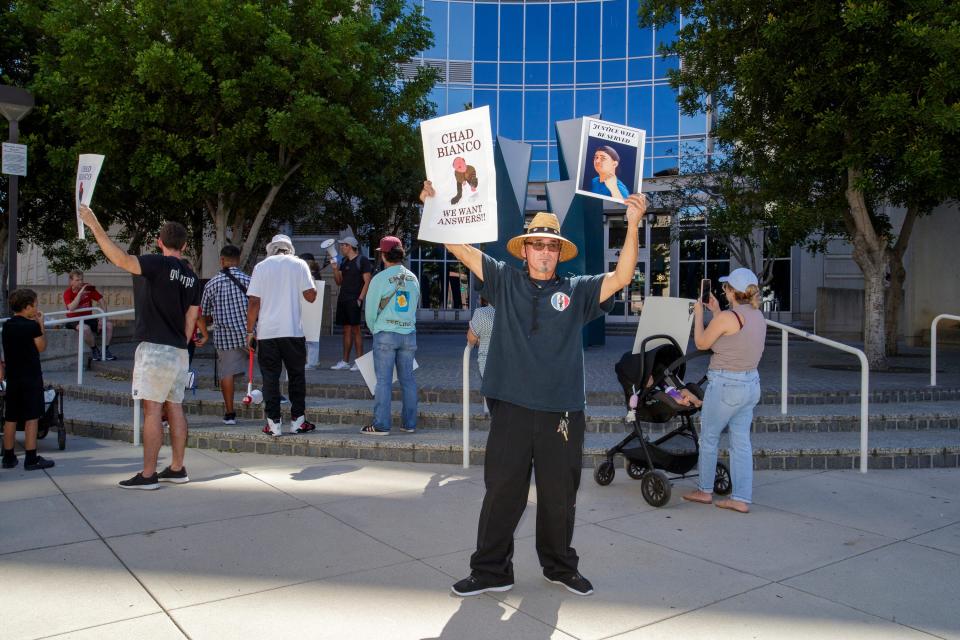 Trino Matus, the uncle of Richard Matus, rallies outside the Robert Presley Detention Center to demand answers about the 13 jail deaths that have plagued the county this year, in Riverside, Calif., on Tuesday, Sept. 27, 2022.