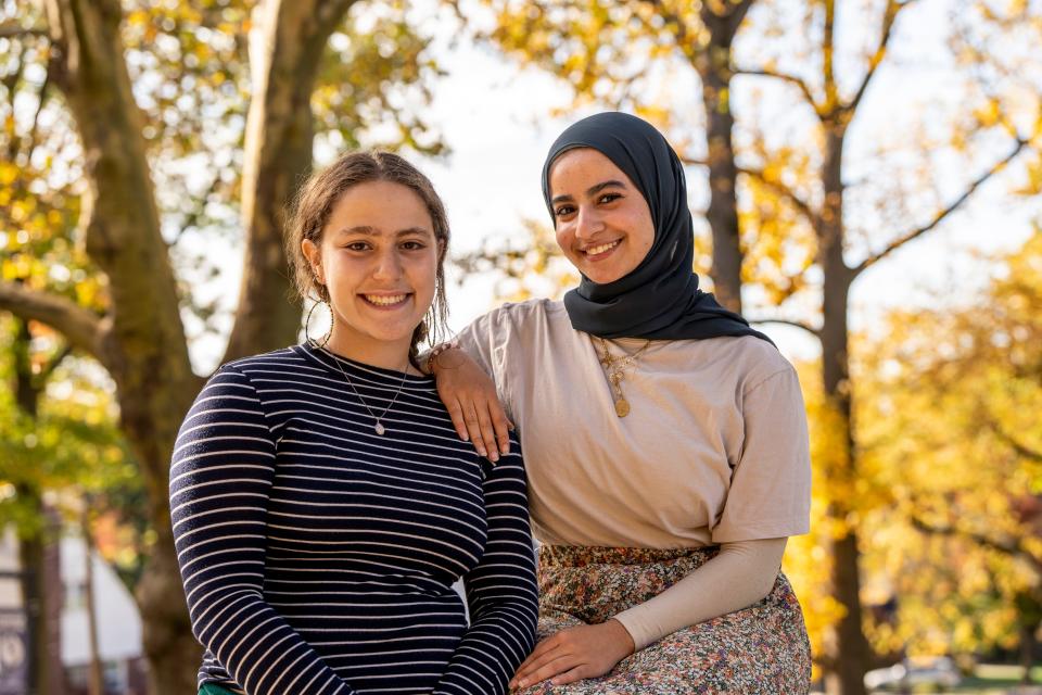 Teaneck High School students Liora Pelavin and Rawda Elbatrawish pose for photos on Friday, October 27, 2023. Elbatrawish who is Muslim and Pelavin who is Jewish organized a youth talk called "Through a Deeper Lens" to openly discuss events in Palestine and Israel.