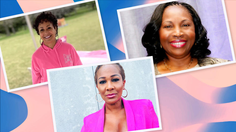 Three colorful photos breast cancer survivors on a pink and blue swirly background.