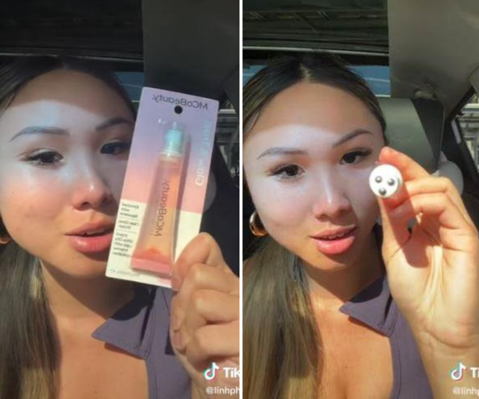 Tik Tok star Linh Pham seen in two images showing off a tube of lip gloss, still in its packaging in the first image, but open in the second to reveal three applicator balls on the top of the tube.