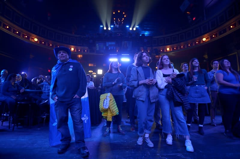 Fans watch and wait for the results at the election party of Bloc Quebecois leader Yves-Francois Blanchet before federal election in Montreal