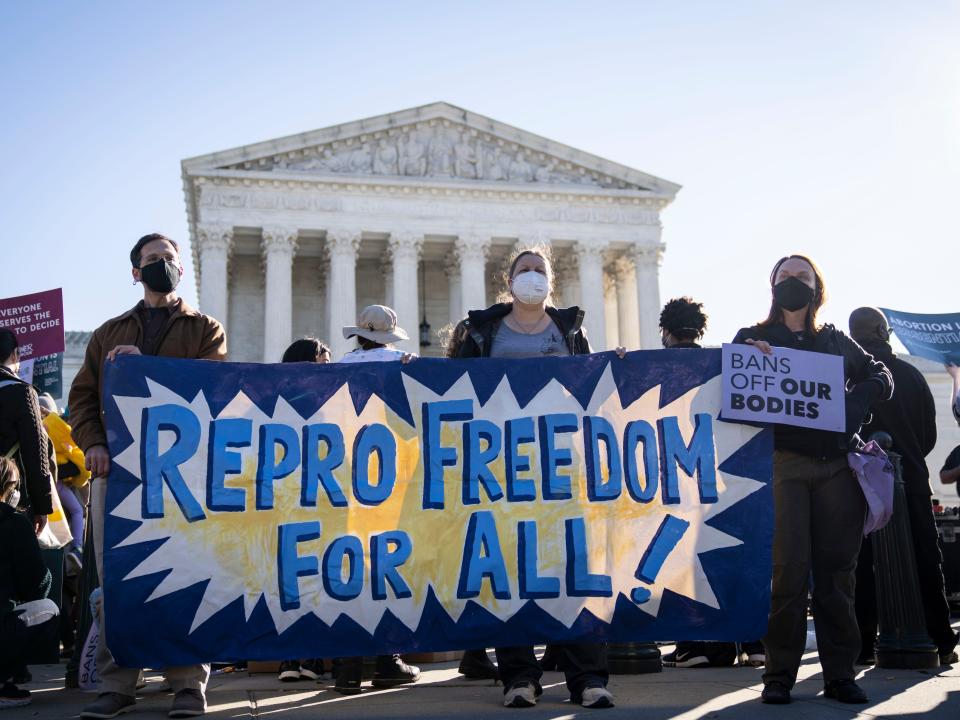 Pro-choice demonstrators rally outside the U.S. Supreme Court on November 01, 2021 in Washington, DC.