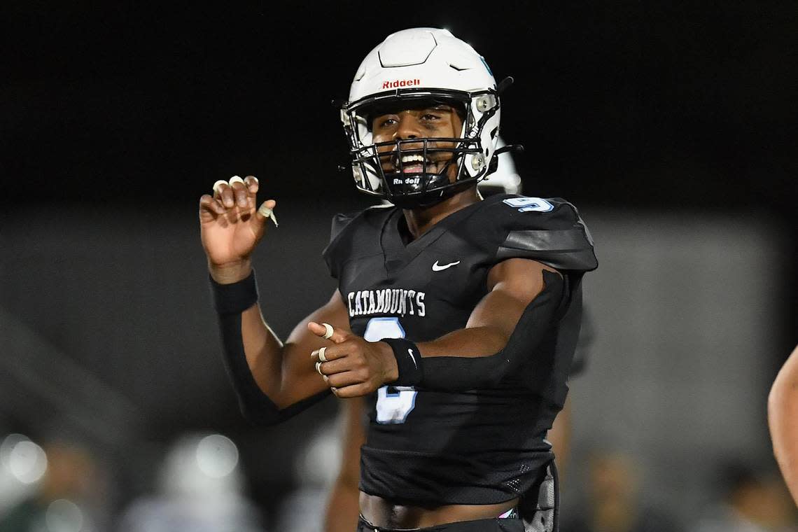 Panther Creek’s Tyler Thompson (9) reacts to the play on the field against Green Hope in the second halk. The Green Hope Falcons and the Panther Creek Catamounts met in a football game in Raleigh, N.C. on September 23, 2022.