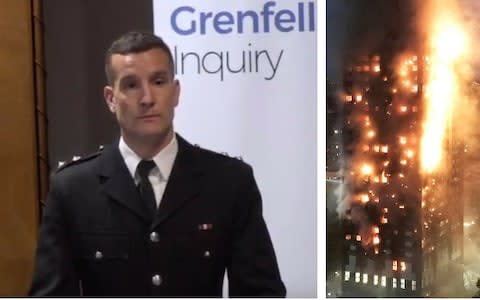 Michael Dowden (left), who was watch control manager and in charge of the response to the Grenfell Tower inferno (right) for the first hour - Credit: Grenfell Tower Inquiry/Getty