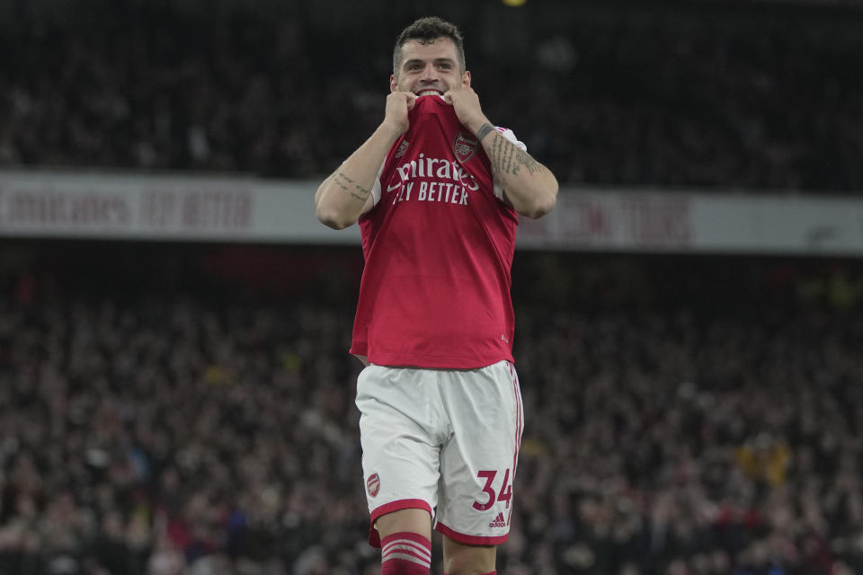 Arsenal's Granit Xhaka reacts after missing a chance to score during the English Premier League soccer match between Arsenal and Chelsea at the Emirates Stadium in London, Tuesday, May 2, 2023. (AP Photo/Kin Cheung)