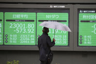 A man looks at an electronic stock board of a securities firm in Tokyo, Wednesday, Jan. 8, 2020. Oil prices rose and Asian stock markets fell Wednesday after Iran fired missiles at U.S. bases in Iraq in retaliation for the killing of an Iranian general. Tokyo's stock market benchmark fell nearly 2%.(AP Photo/Koji Sasahara)