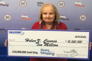 Helen Cicoria, of Buzzards Bay, is the first $10 million prize winner in the Massachusetts State Lottery’s “$10,000,000 Cash King” instant ticket game.