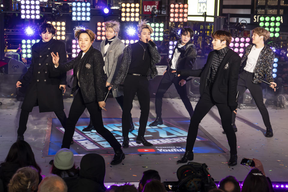 BTS perform at the Times Square New Year's Eve celebration on Tuesday, Dec. 31, 2019, in New York. (Photo by Ben Hider/Invision/AP)