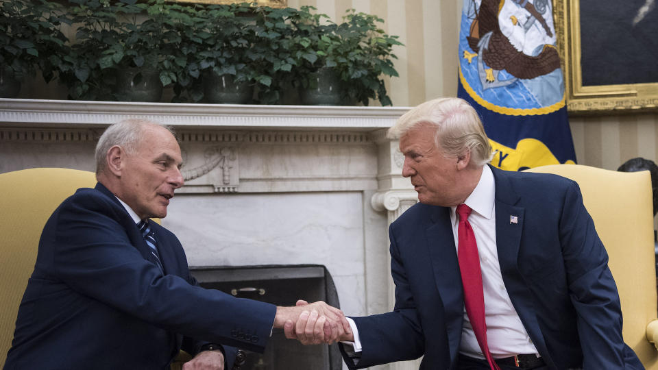 New White House Chief of Staff John Kelly and President Donald Trump shake hands after being privately sworn in during a ceremony in the Oval Office of the White House in Washington, D.C., on Monday, July 31, 2017.&nbsp; (Photo: The Washington Post via Getty Images)