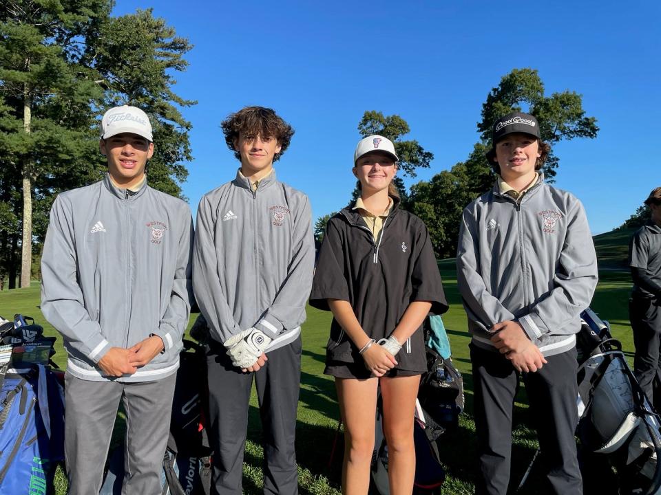 Westport golfers (from L-R) Owen Boudria, Cooper Spirlet, Abby Forbes and Liam McMahon smaile after the Wildcats take second place during Thursday's Mayflower Conference tournament.